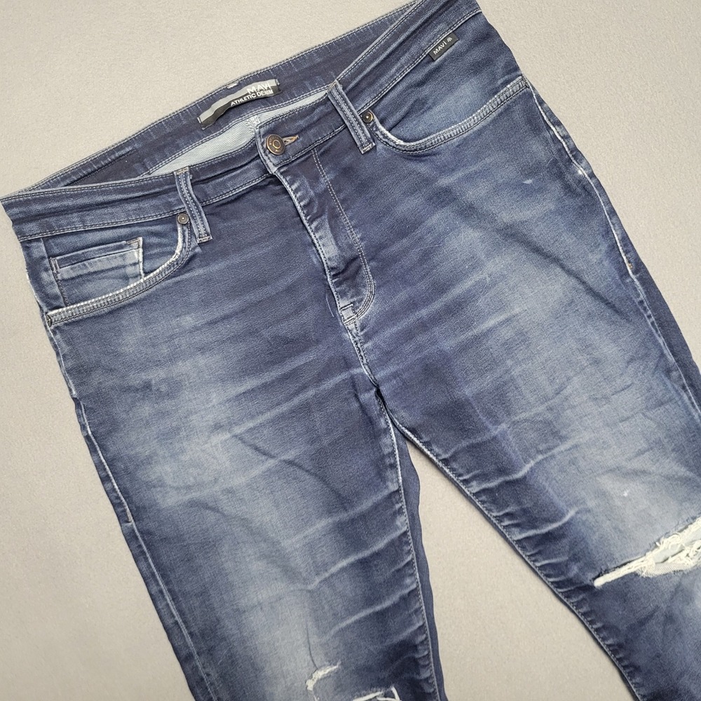 Mavi Athletic Denim Mens Distressed Skinny Jeans Dark Wash Blue Distressed 34x32